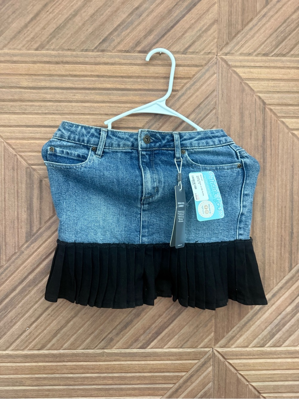Pink Clover Girls' Blue Denim Skirt with Black Pleated Hem